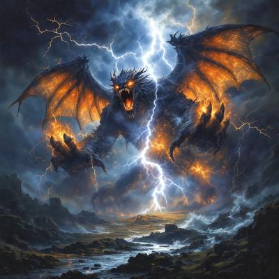 The primary subject of the image is a large, fire-breathing dragon with wings and horns. The dragon is standing in a rocky, mountainous area with a body of water nearby. The visual style of the image is digital art, and the dominant colors are orange and blue, creating a dramatic and intense atmosphere.